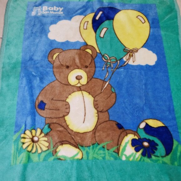Original San Marcos Vintage Baby Blanket Cobija Teddy Bear Balloons 42 X 50 Tag - Picture 2 of 8
